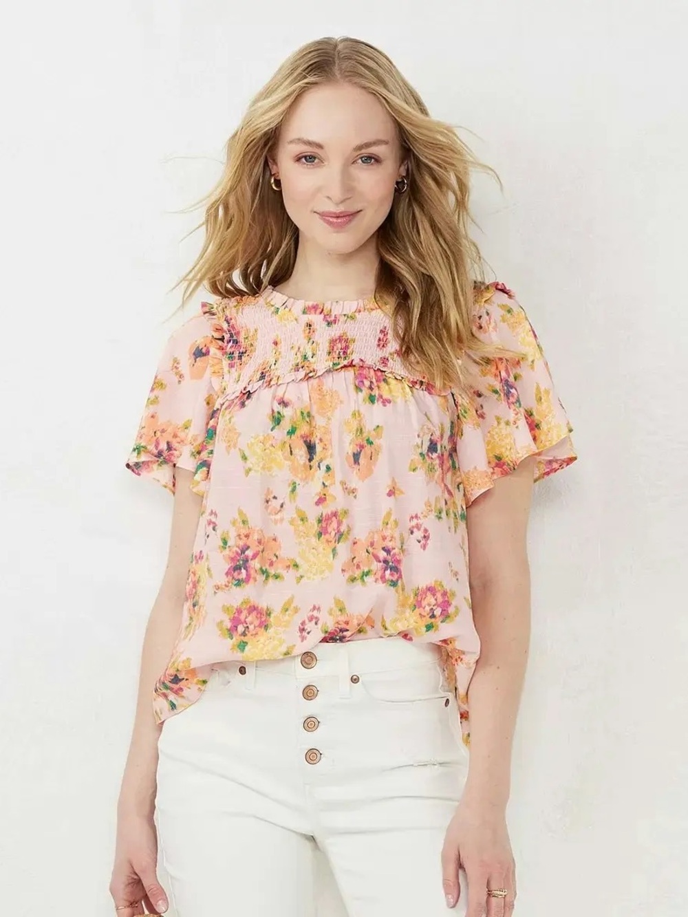 LC Lauren Conrad Pink Floral Smocked Short Sleeve Blouse